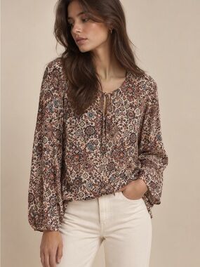 Boho Floral Tie-Neck Peasant Blouse — Brown Multi